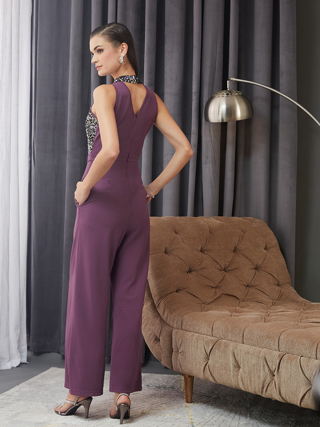 Women's Multicolored Base Lavender Sleeveless Embellished Halter Neck Regular Jumpsuit