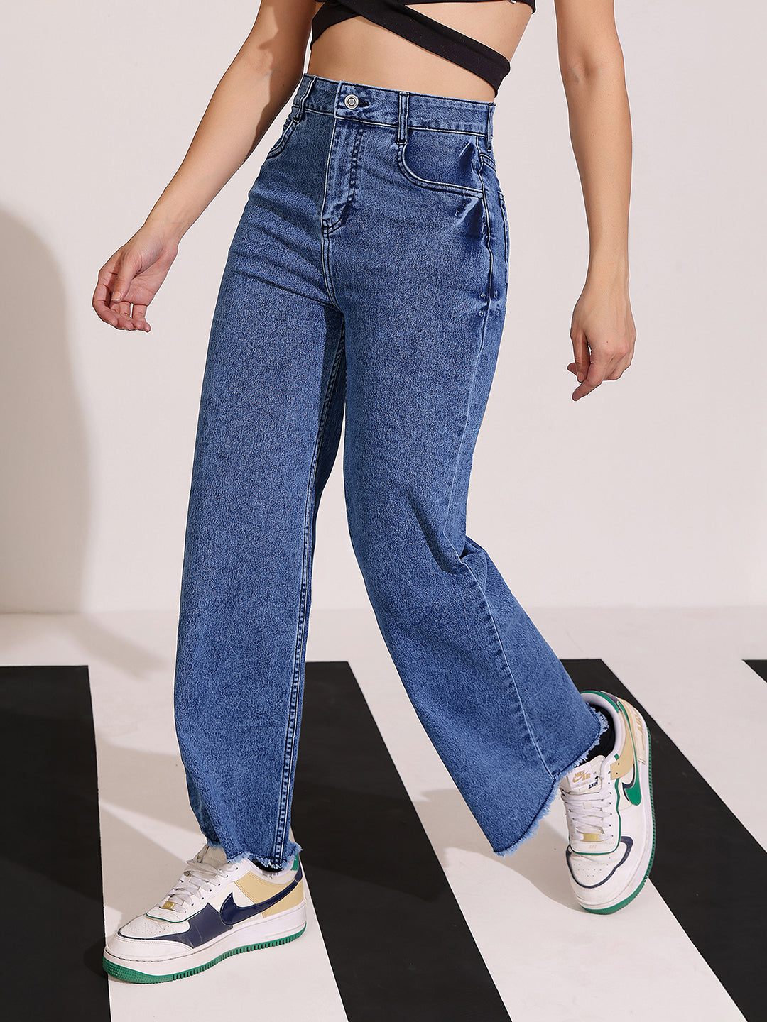 Women's Navy-Blue Wide Leg High-Rise Clean Look Regular Stretchable Denim Jeans