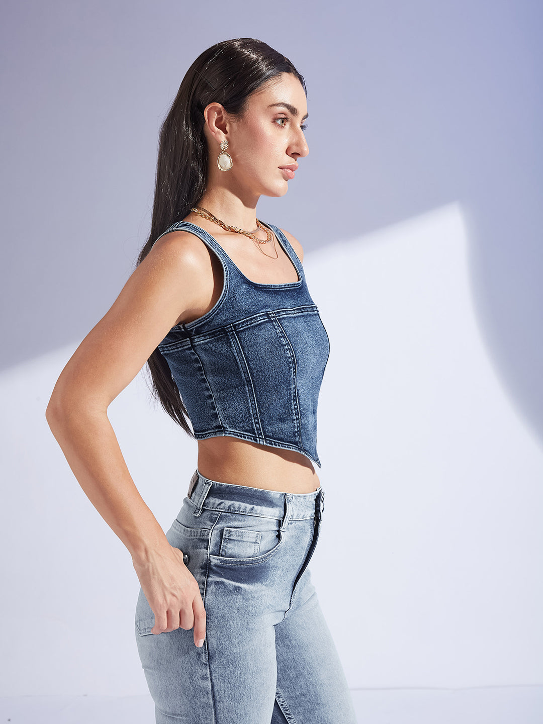 Women's Navy Blue Square Neck Sleeveless Zipper Corset Denim Crop Top