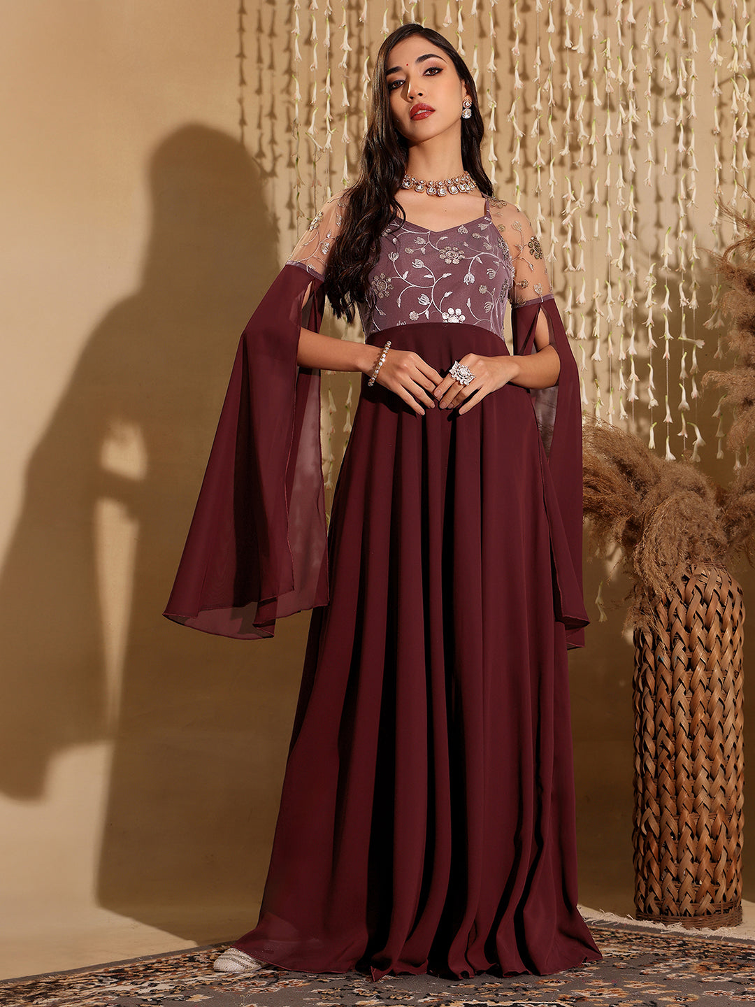 Women's Wine V-Neck Flared Long sleeve Embroidered Fit & Flare Maxi Dress