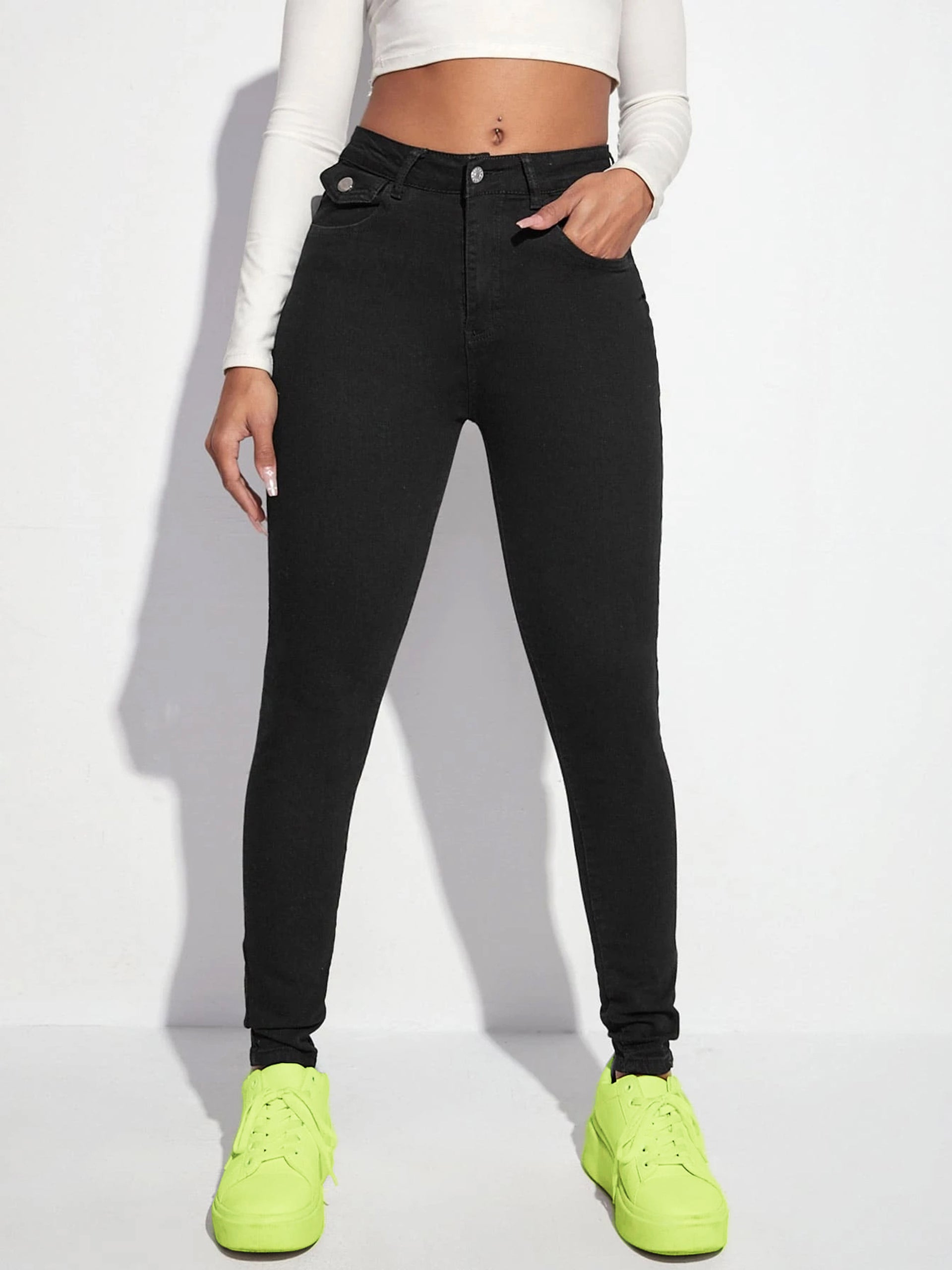 Women's Black Skinny High-Rise Clean-Look Regular-Length Stretchable Denim Jeans