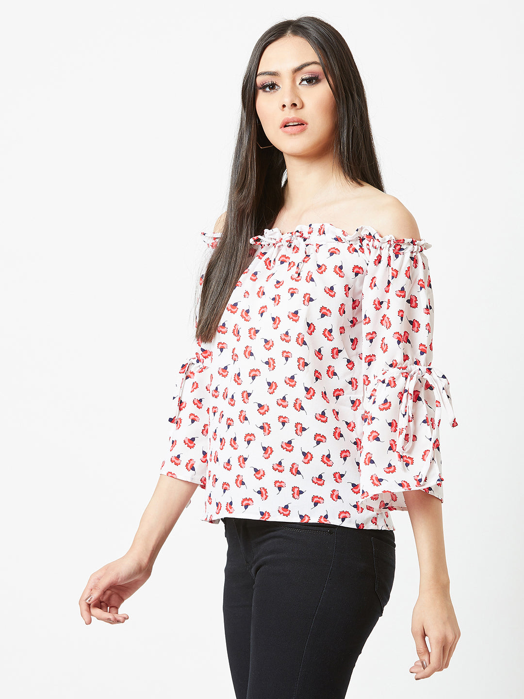 Women's Multicolored Gathered Printed Off-Shoulder 3/4 Sleeve Printed Boxy Bardot Top