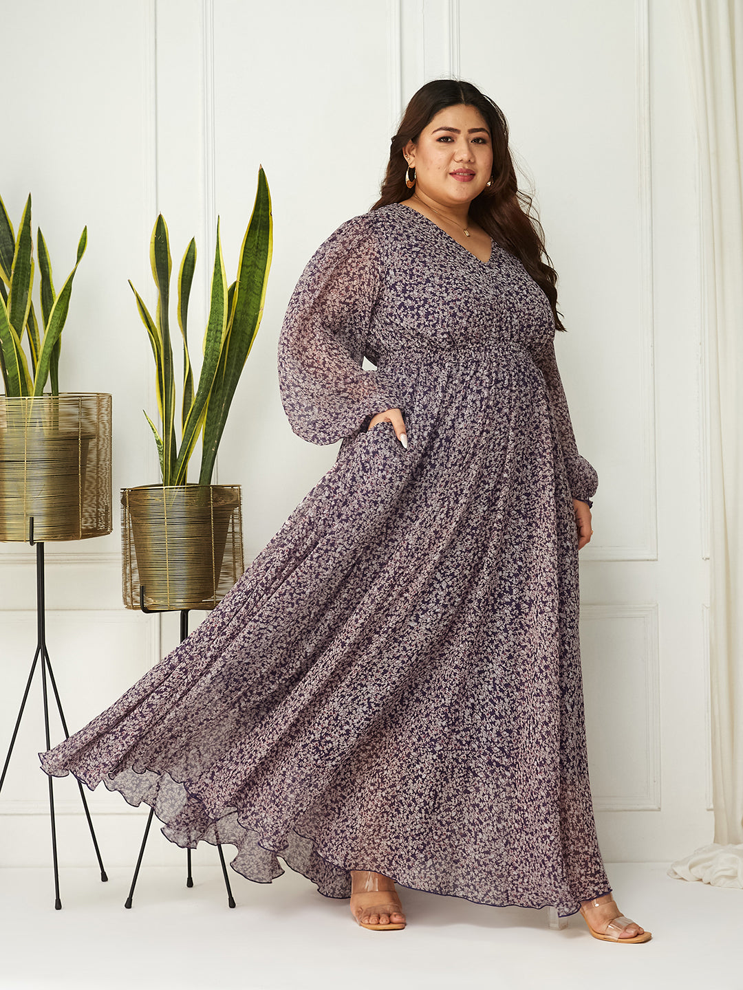 Body Bliss Multicolored-Base-Purple Floral Gathered Chiffon Maxi Dress
