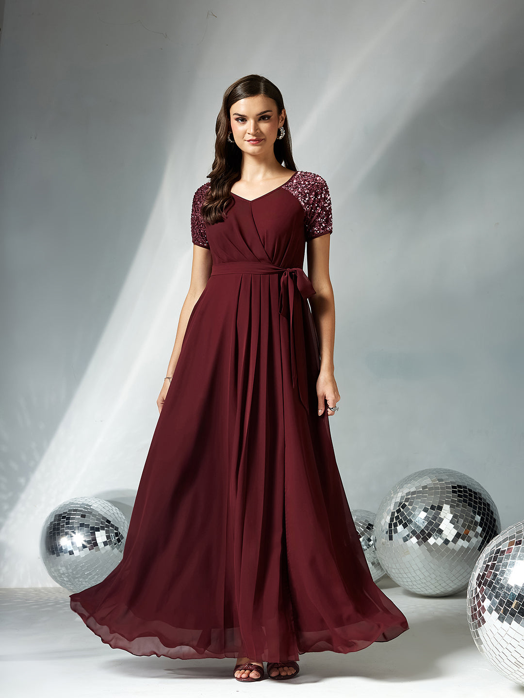 Wine Relaxed Fit Maxi Georgette Dress for Women