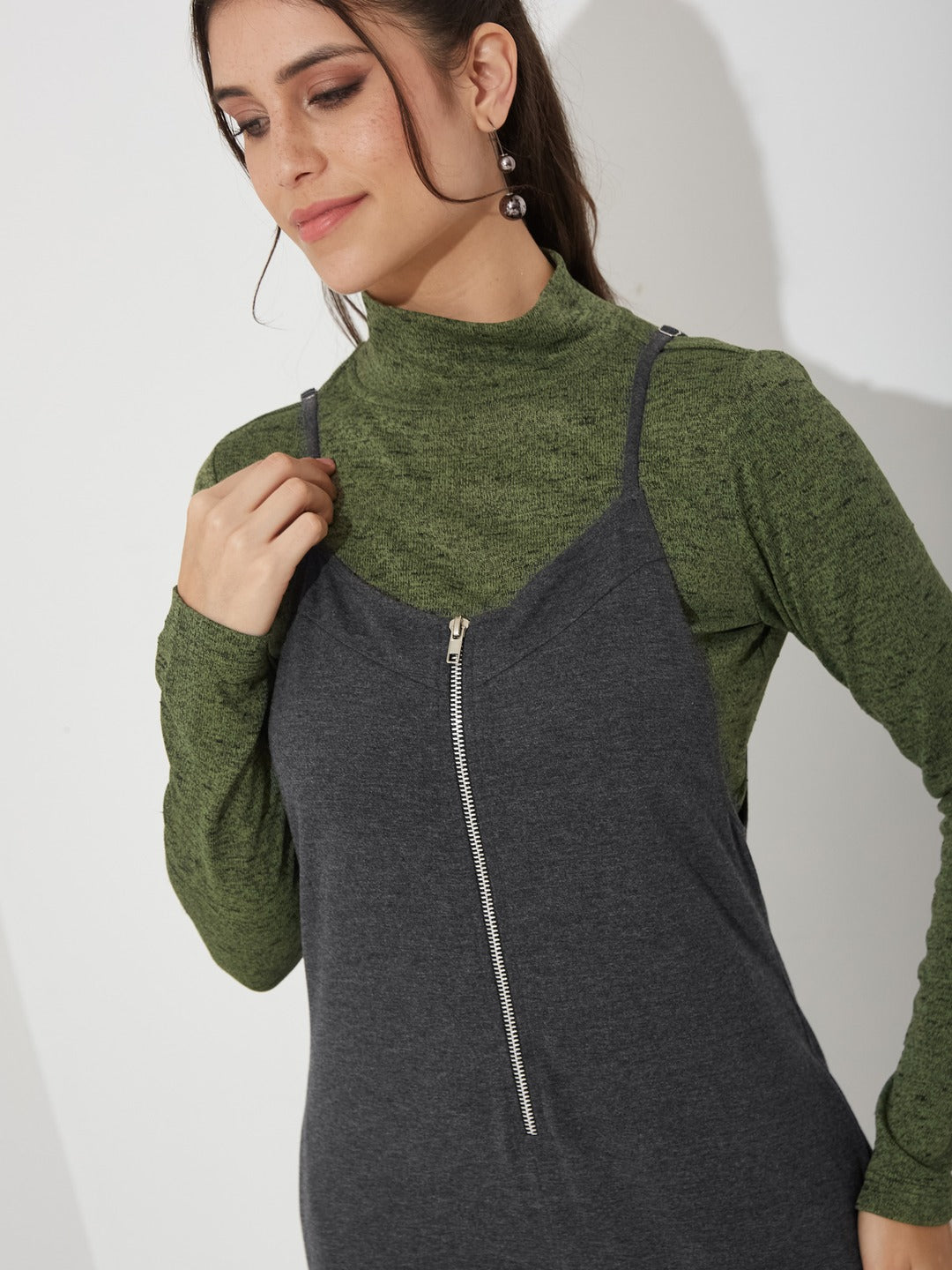 Charcoal Grey and Green Turtle Neck Full Sleeve Solid Regular Fit Cotton Dungaree Co-Ord Set for Women