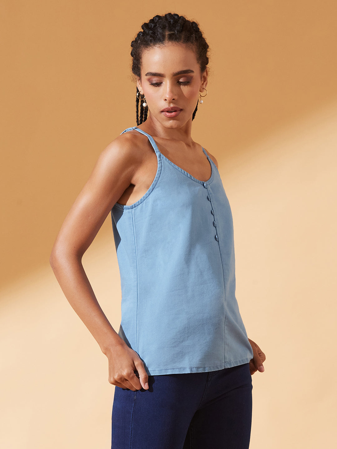 Light-Blue V Neck Sleeveless Cotton Solid Denim Spaghetti Top for Women