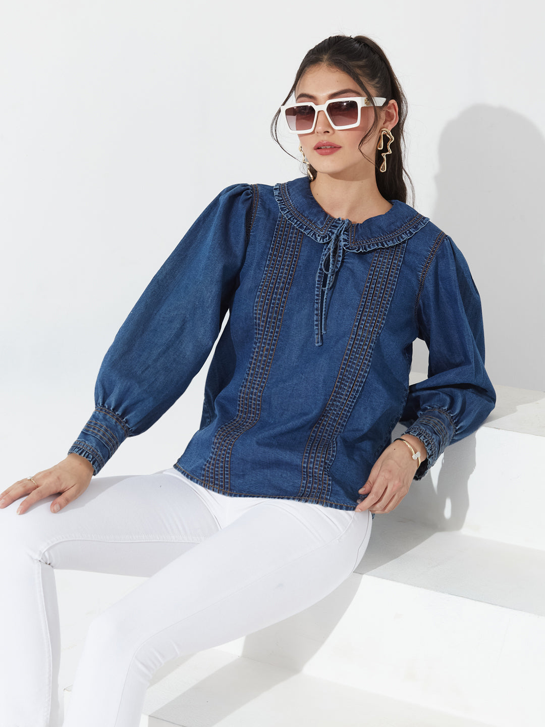 Navy Blue Peter Pan Collar Ruffled Puff Sleeve Pin-Tucked Denim Tunic Top For Women — Miss Chase