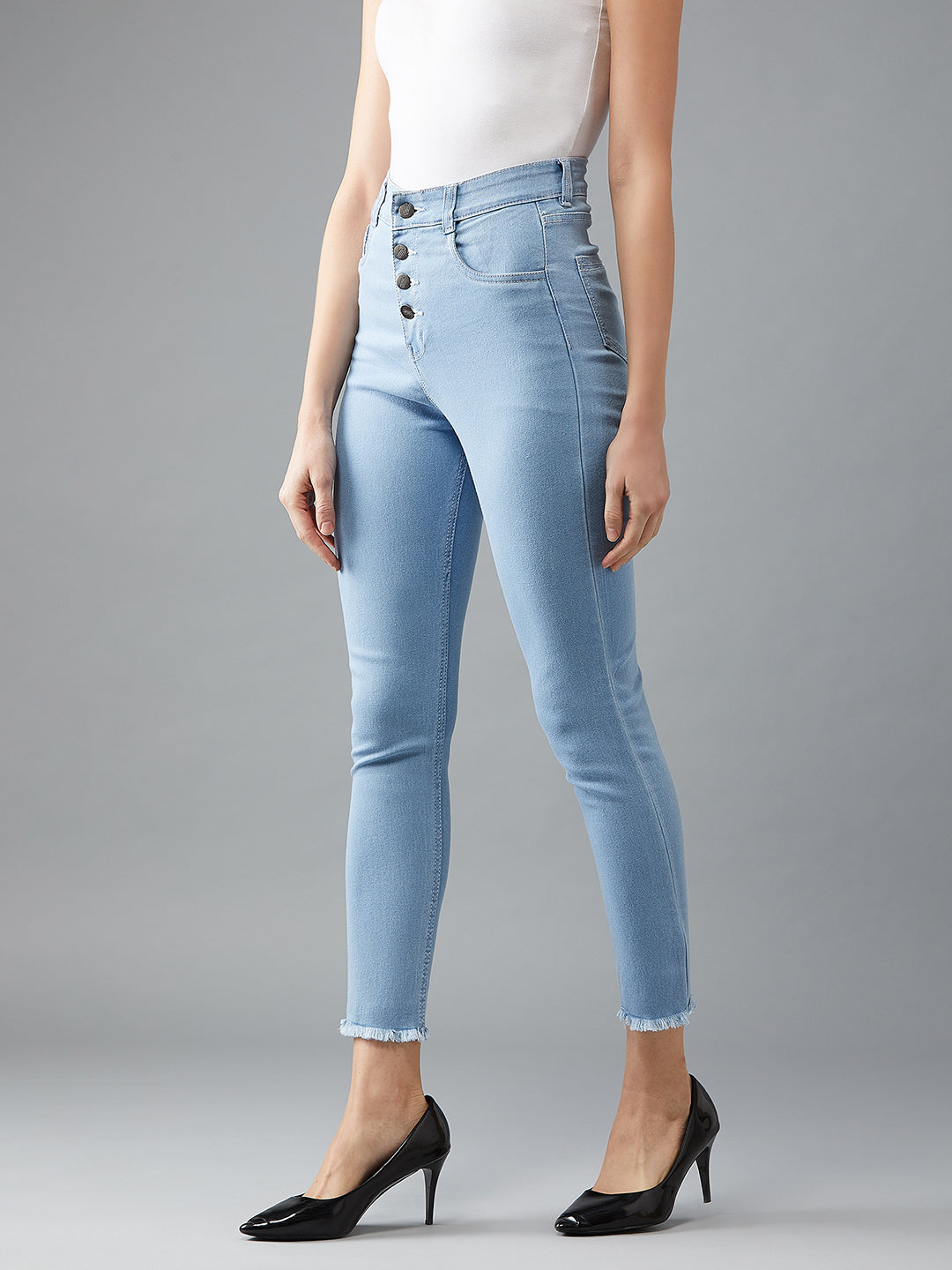 24/7 Comfort Light-Blue Skinny-Fit High-Rise Fringed Hemline Cropped Acid Wash Solid Denim Jeans for Women