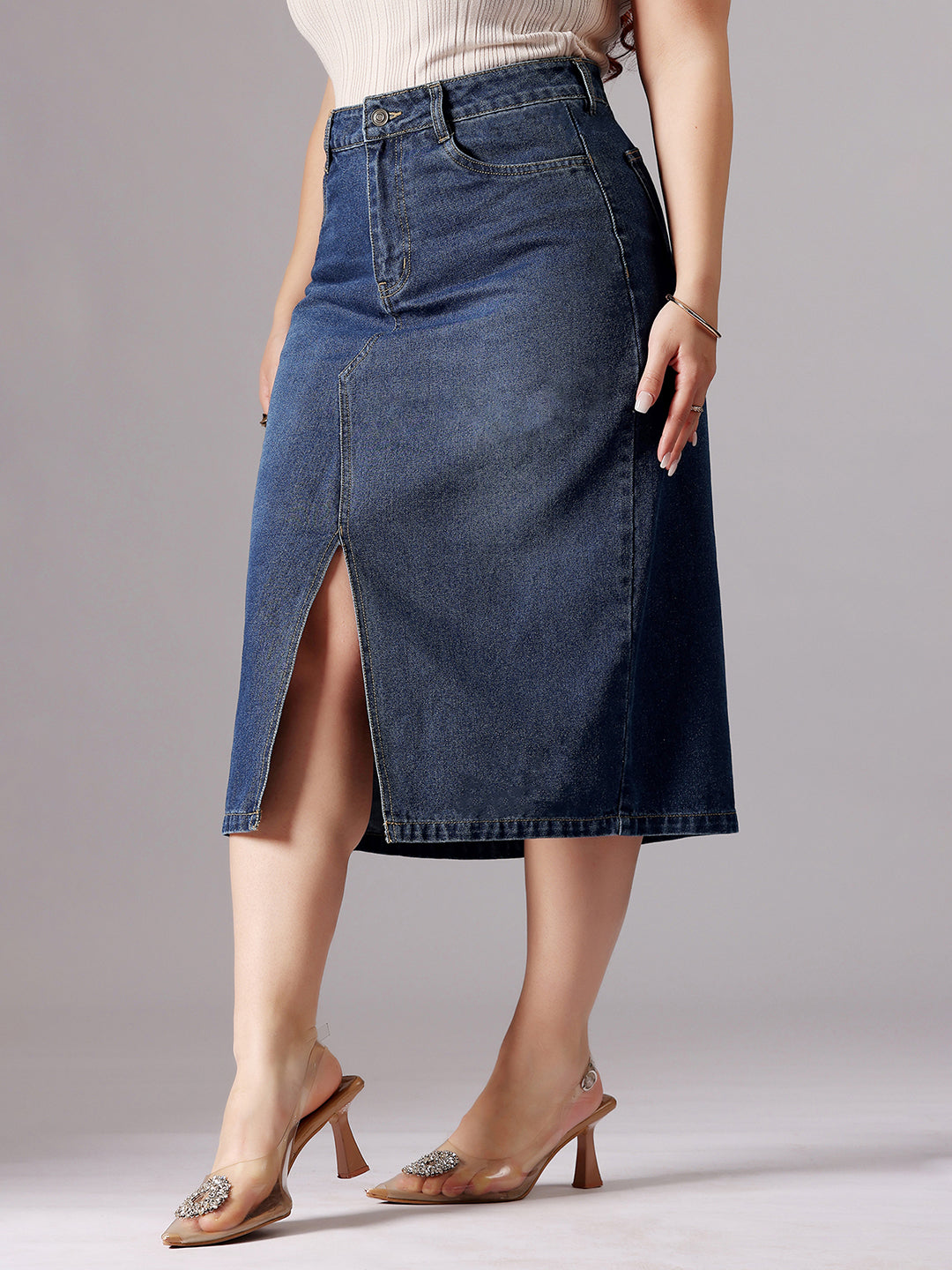 Women's Dark Blue A-Line High-Rise Clean-Look Non-stretchable Denim Midi Skirt