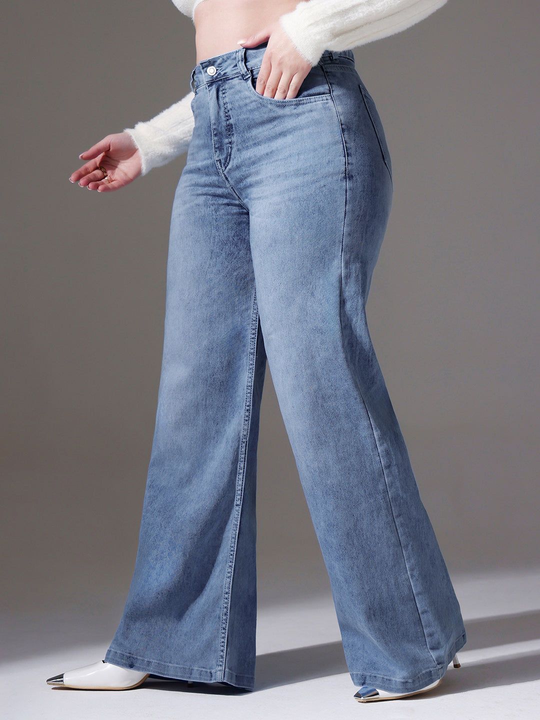 Women's Light Blue Wide-Leg High-Rise Clean-Look Stretchable Denim Jeans