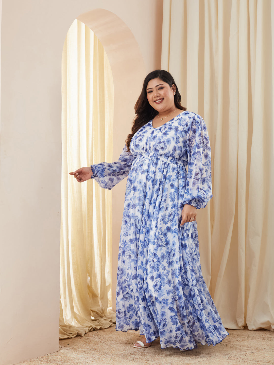 Multicolored Base White V-Neck Full Sleeve Floral Gathered Chiffon Maxi Dress for Women