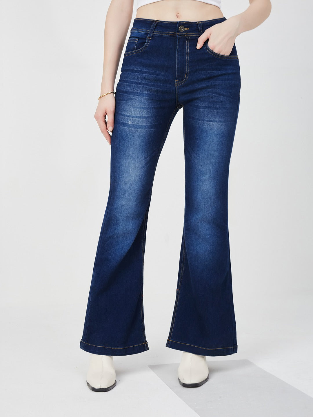 Blue Bootcut Mid Rise Denim Stretchable Jeans for Women