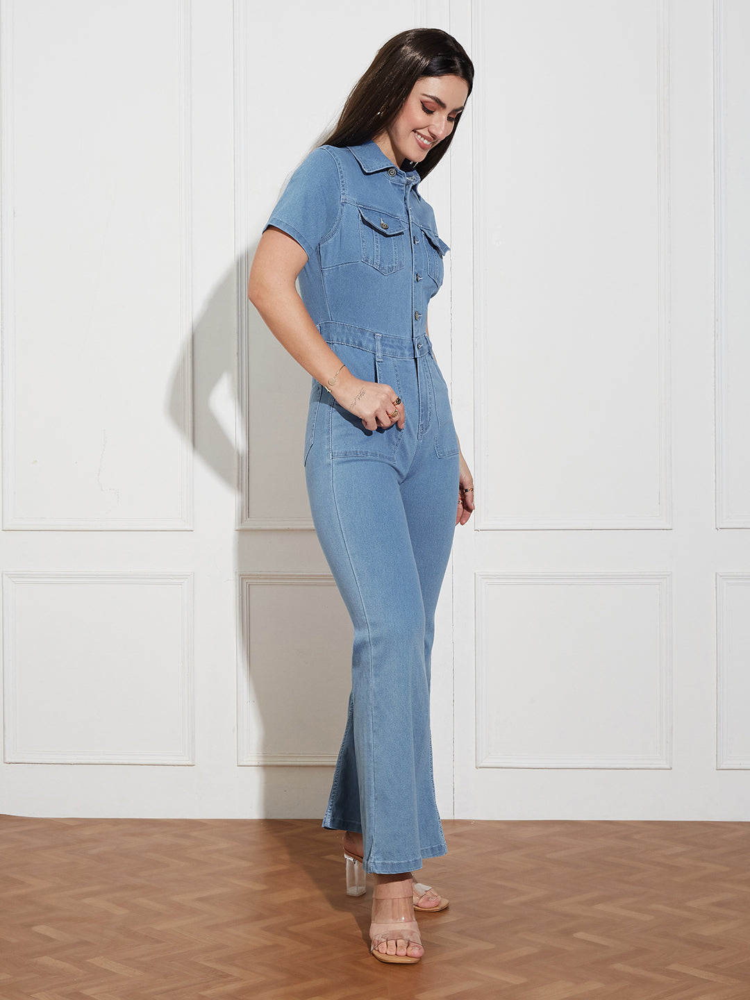 Women's Light Blue Flared High Rise Regular Length Stretchable Denim Jumpsuit