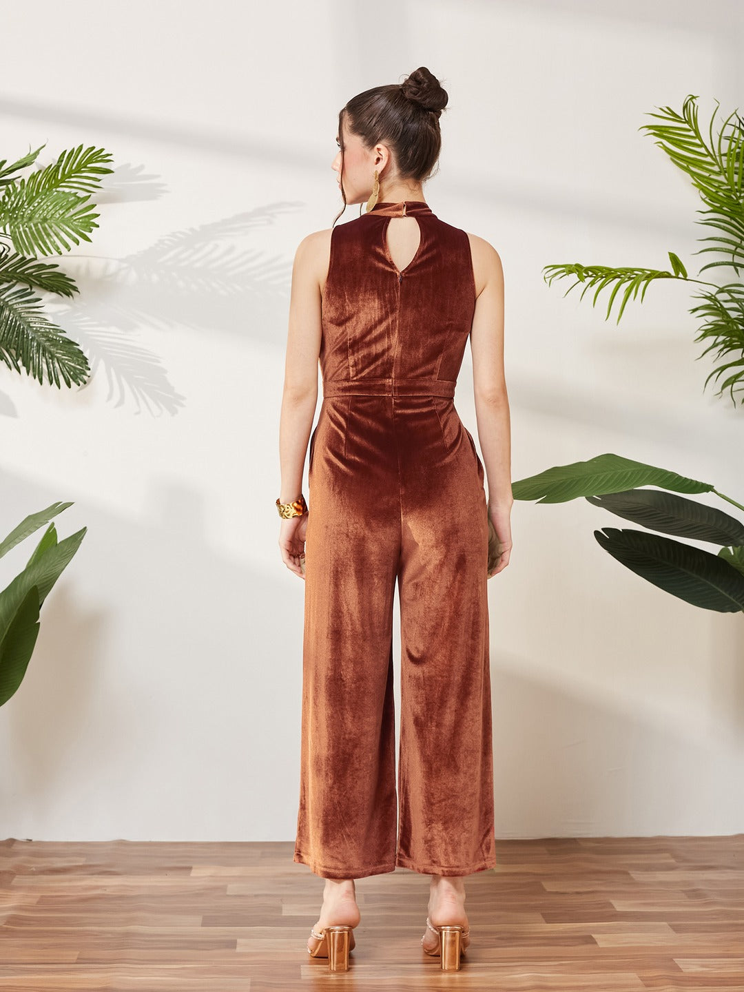 Rust Halter Neck Velvet Jumpsuit for Women