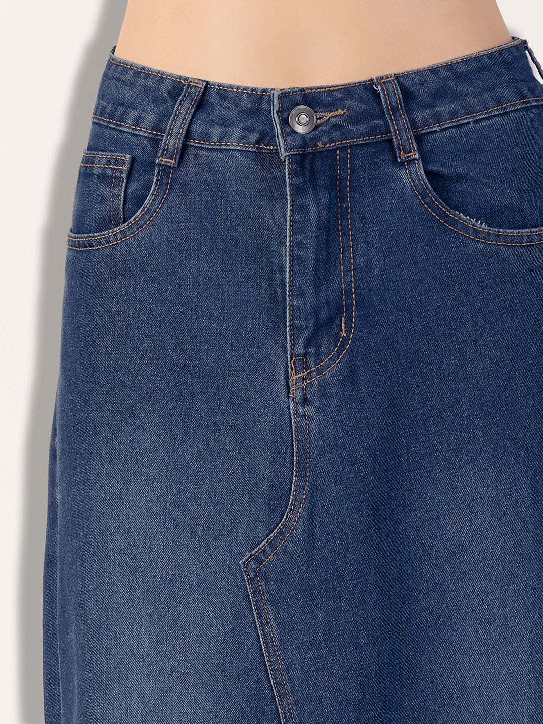 Women's Dark Blue A-Line High-Rise Non-Stretchable Denim Midi Skirt