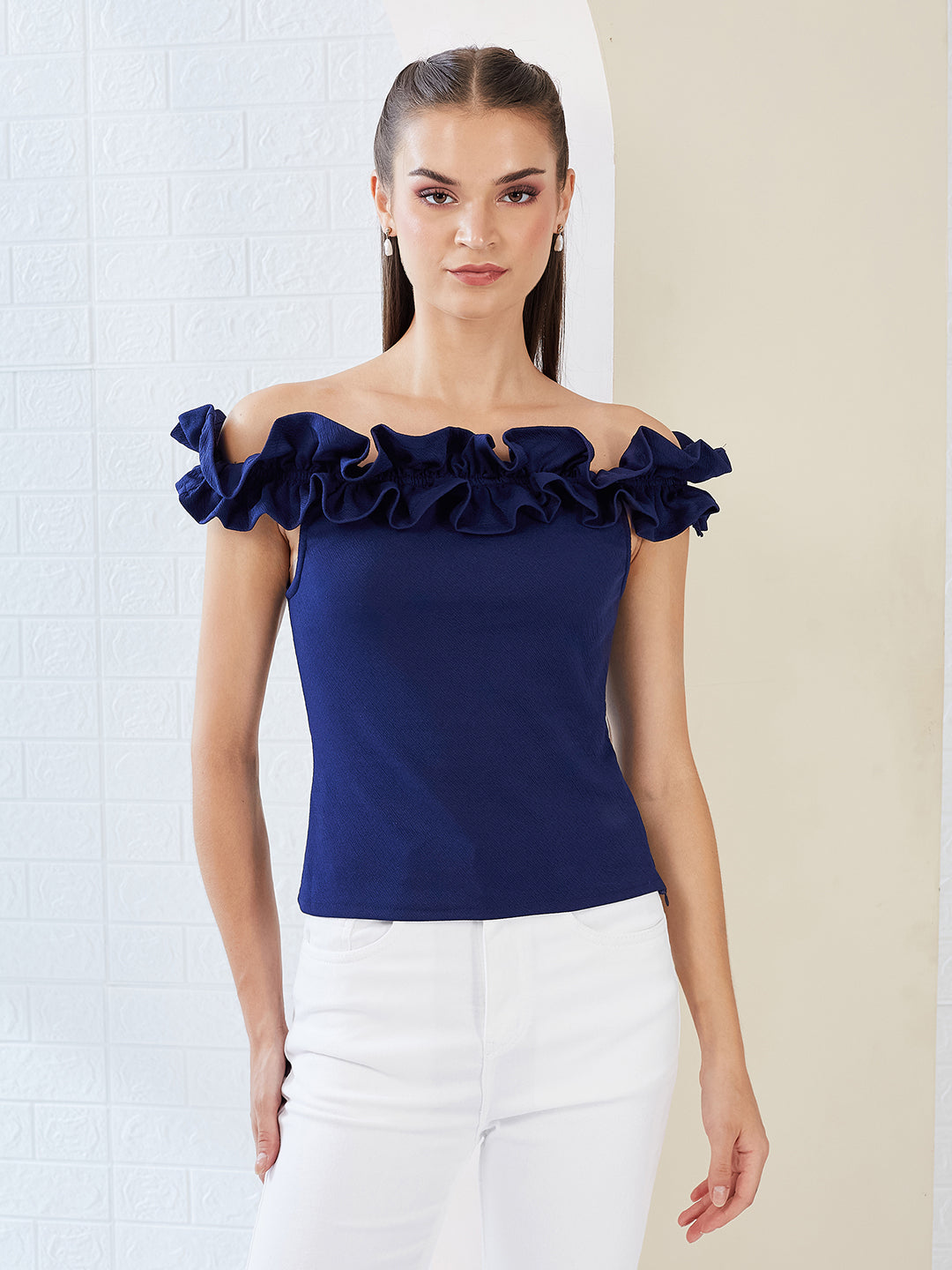 Navy Blue Off Shoulder Sleeveless Solid Ruffled Frilled Gathered Bardot Top for Women