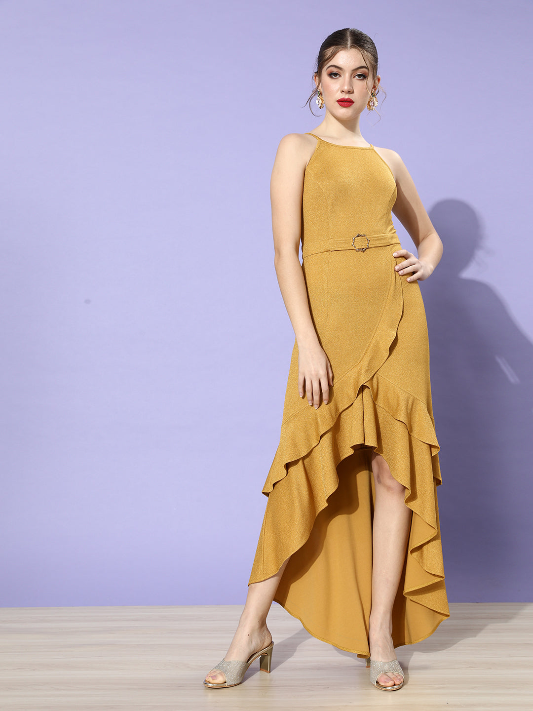 Mustard Sleeveless High Low Maxi Dress Long Dress Frock for Women