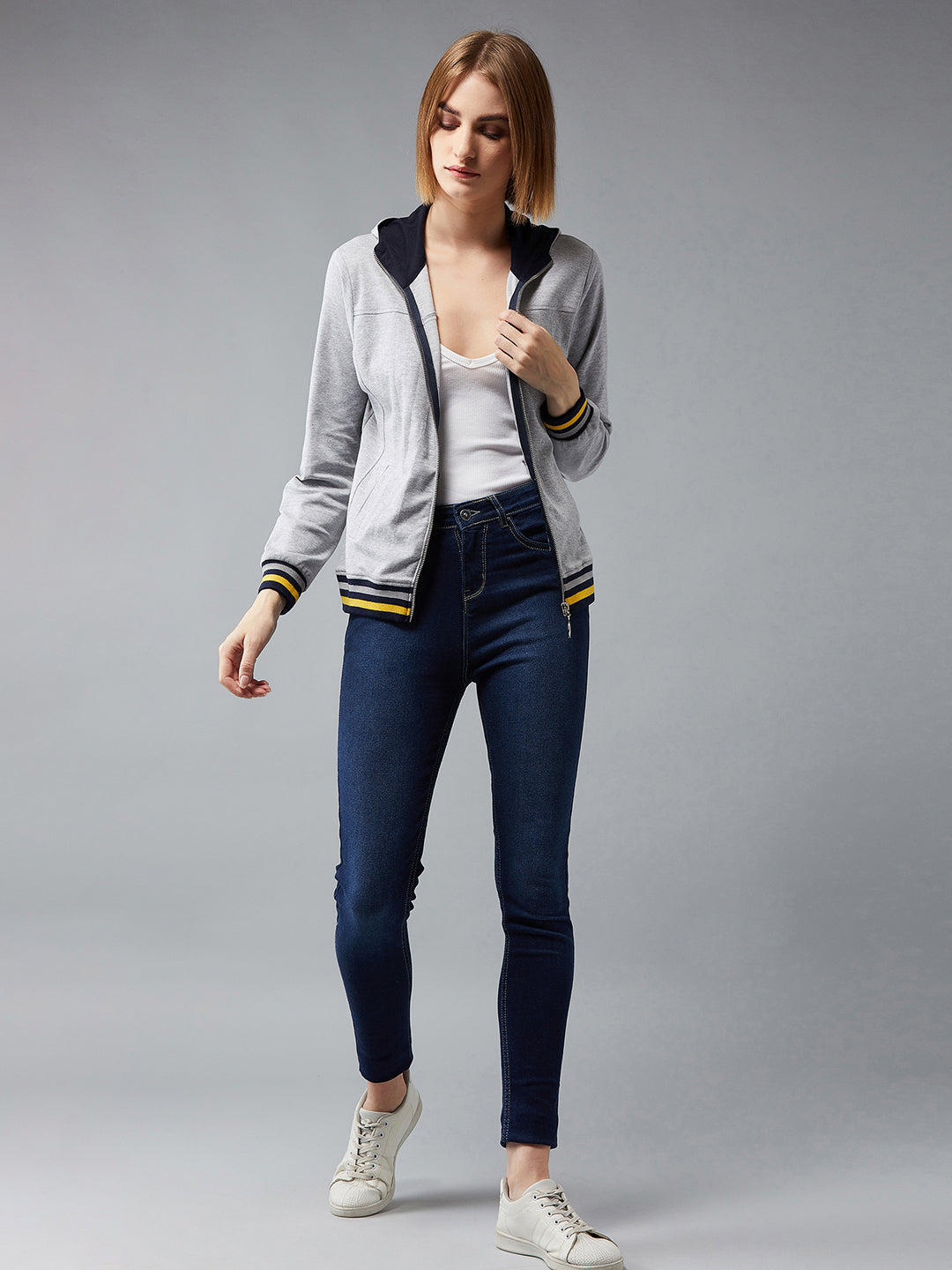 Women's Grey Mock Collar Full Sleeves Premium Cotton, Rib Solid Hooded Regular Length Jacket