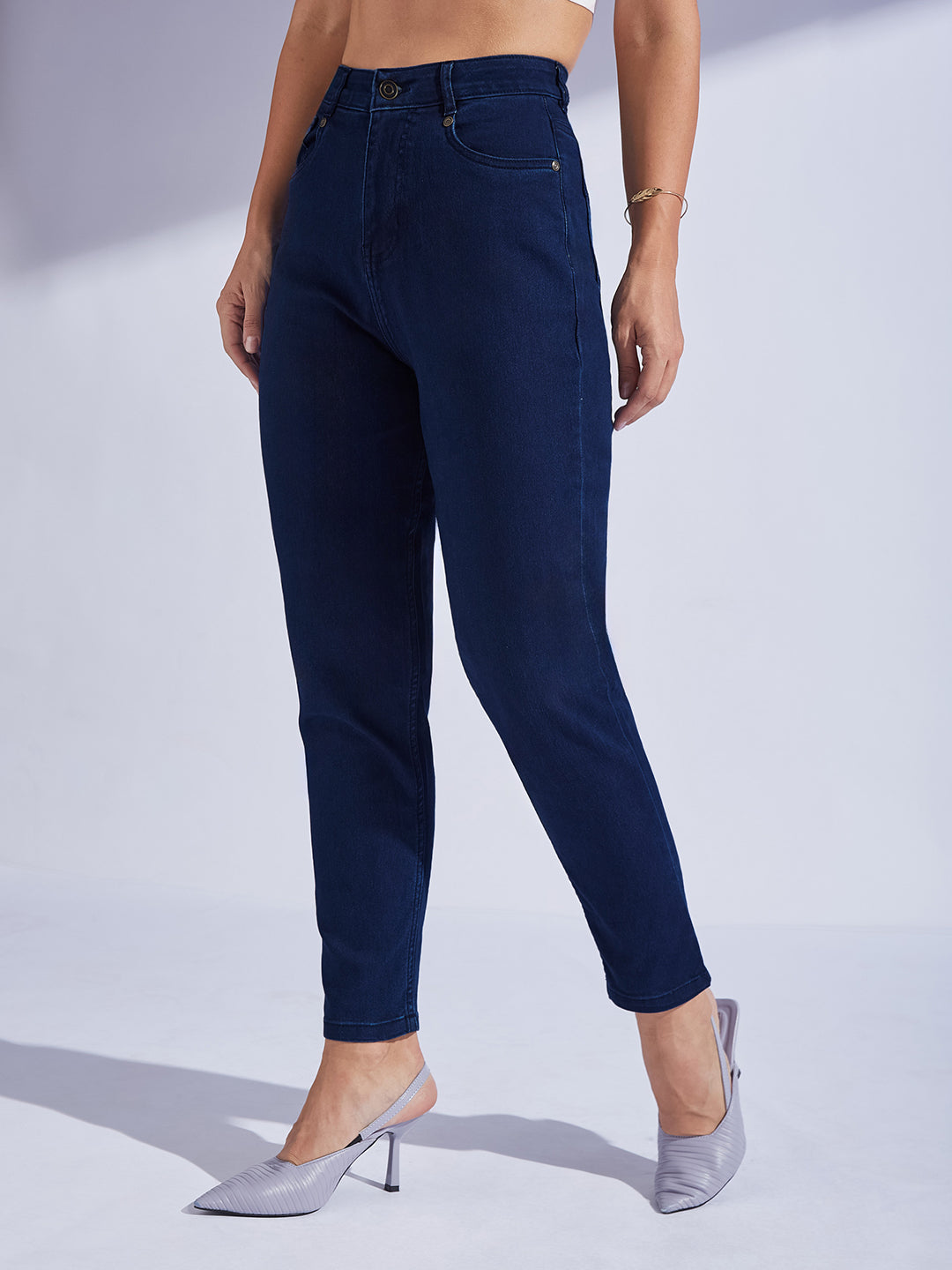 Navy Blue High Rise Clean Look Regular-Length Stretchable Denim Mom Jeans for Women
