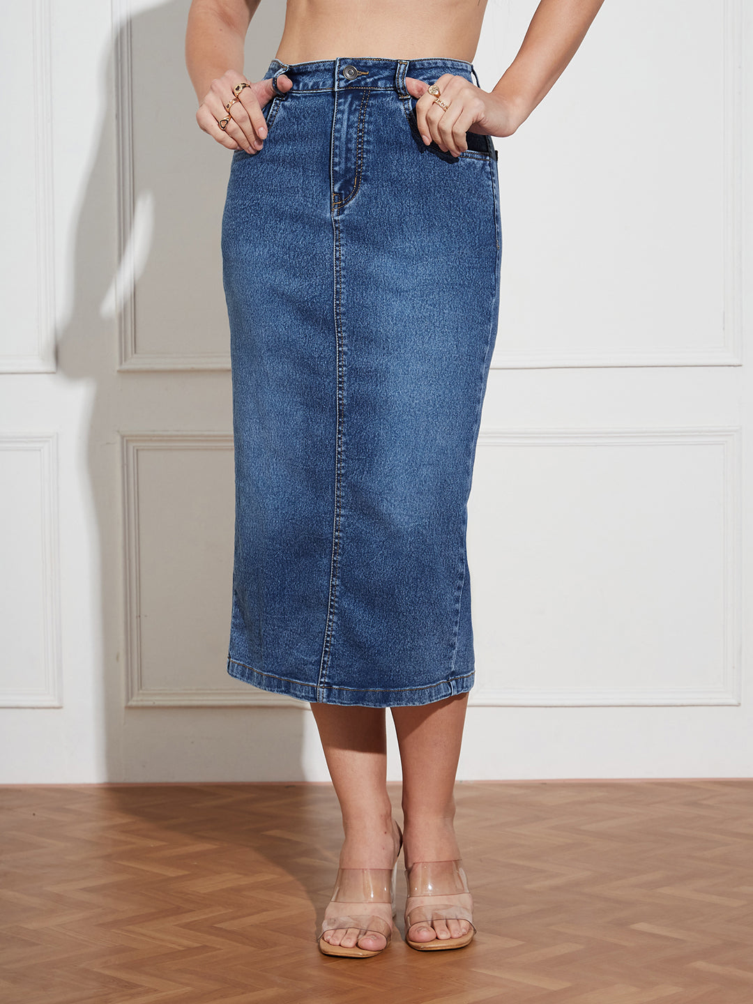 Women's Dark Blue High Rise Clean Look Stretchable Denim Bodycon Midi Skirt