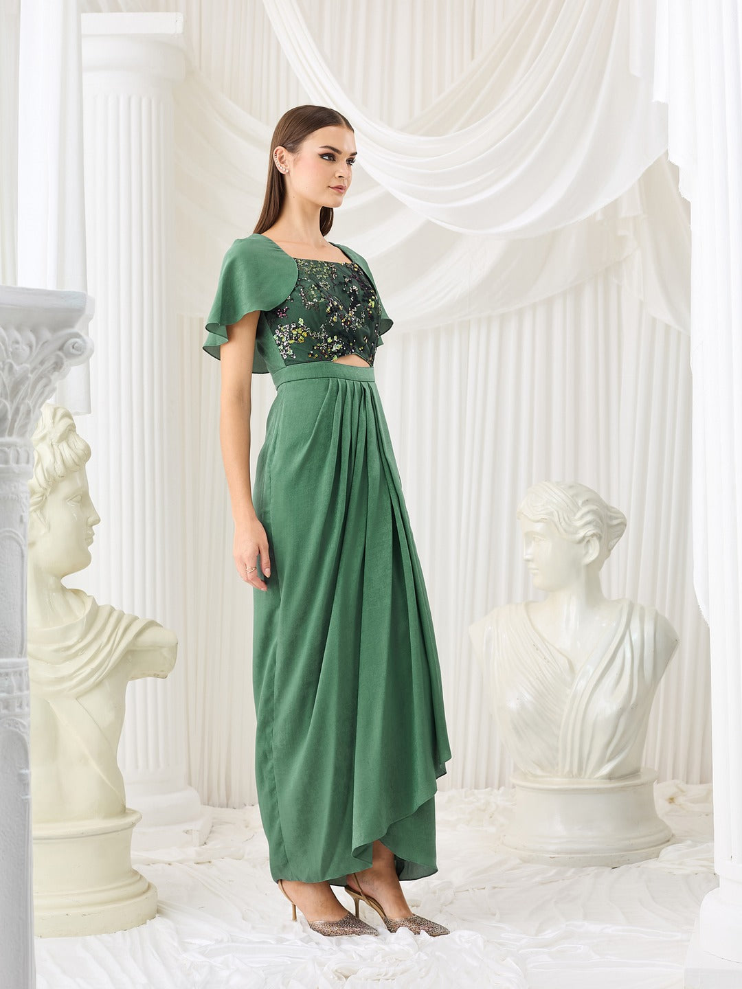Siege Green Sweetheart-Neck Cape Embellished Draped Satin Maxi Dress for Women