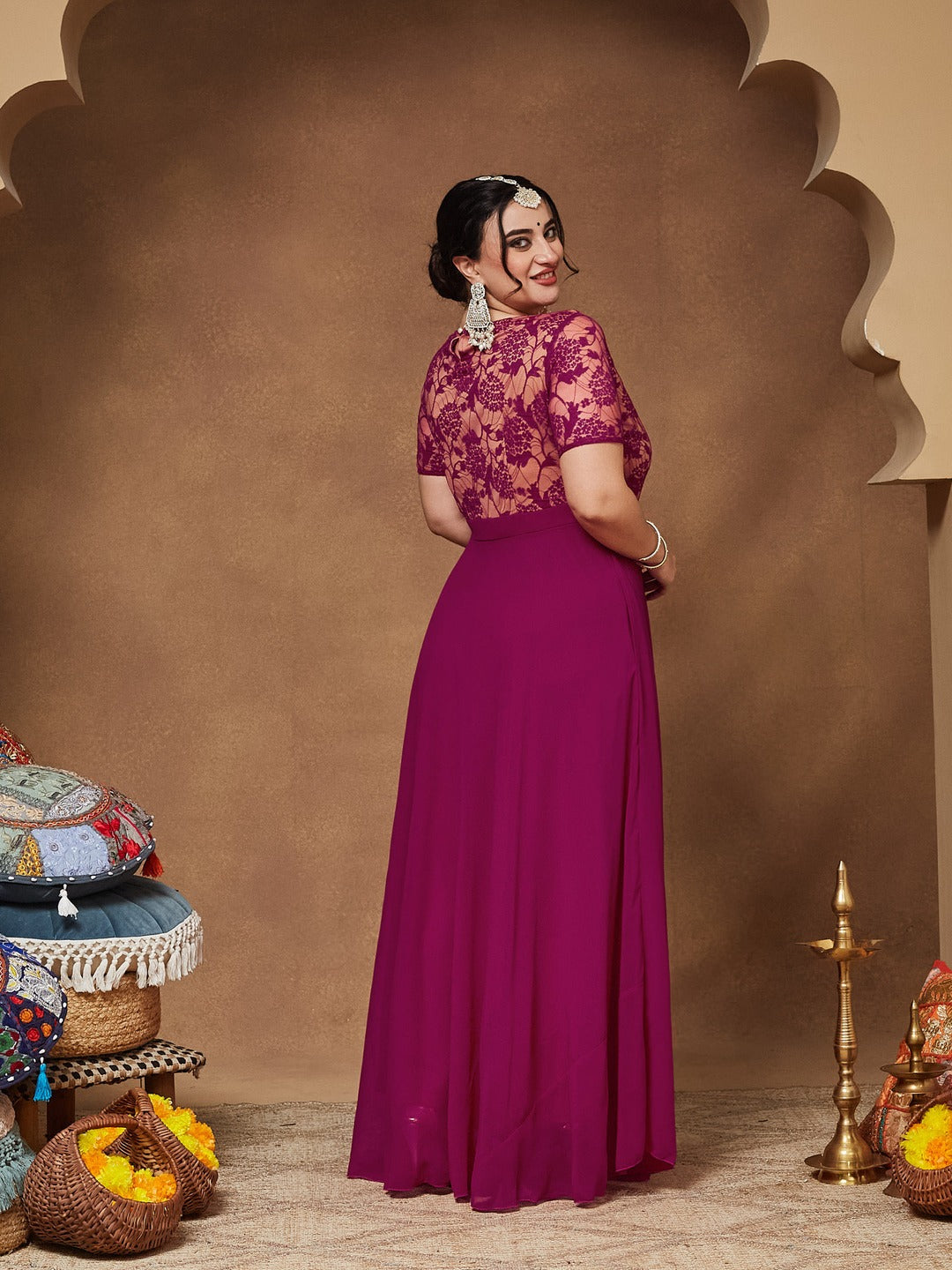 Dark Pink Round Neck Half Sleeve Self-Designed Fit & Flare Georgette Maxi Dress for Women