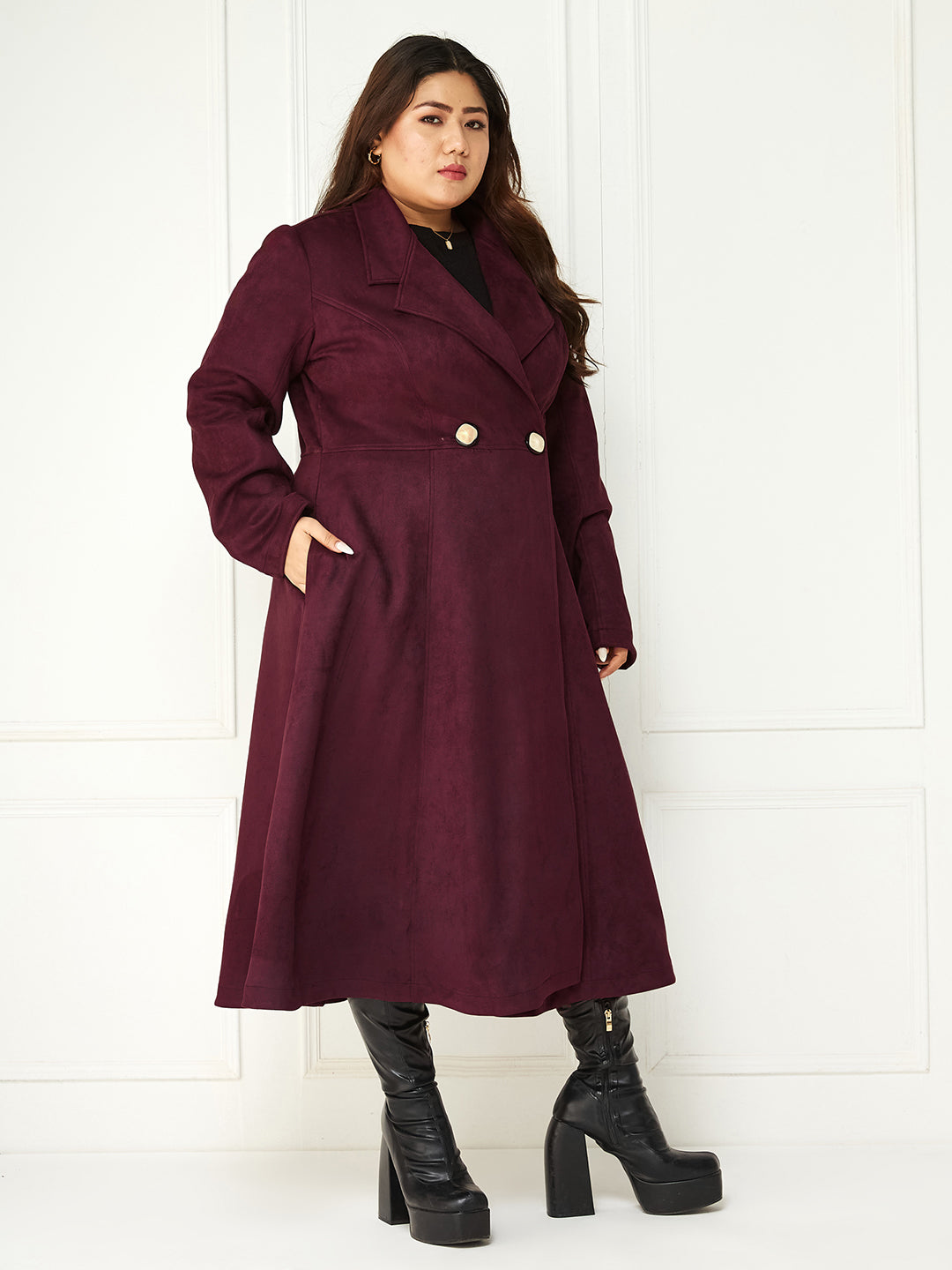 Body Bliss Wine Solid Double Breasted Longline Jacket for Women — Miss Chase A+