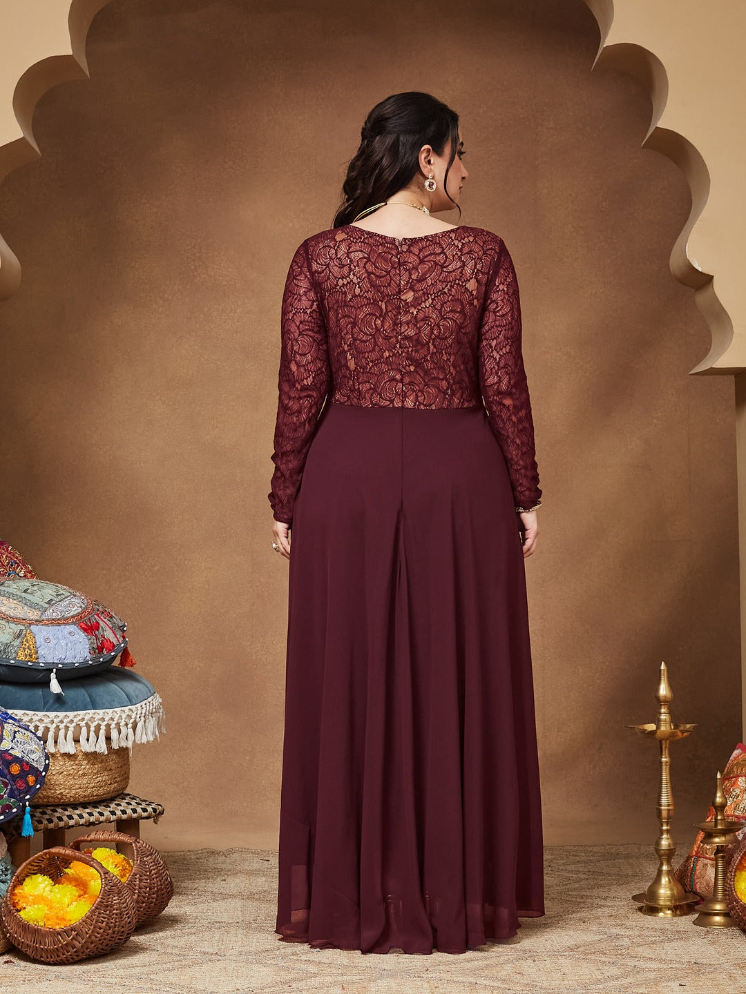 Wine V-Neck Full Sleeve Self Design Lace-Overlaid Georgette Maxi Dress for Women