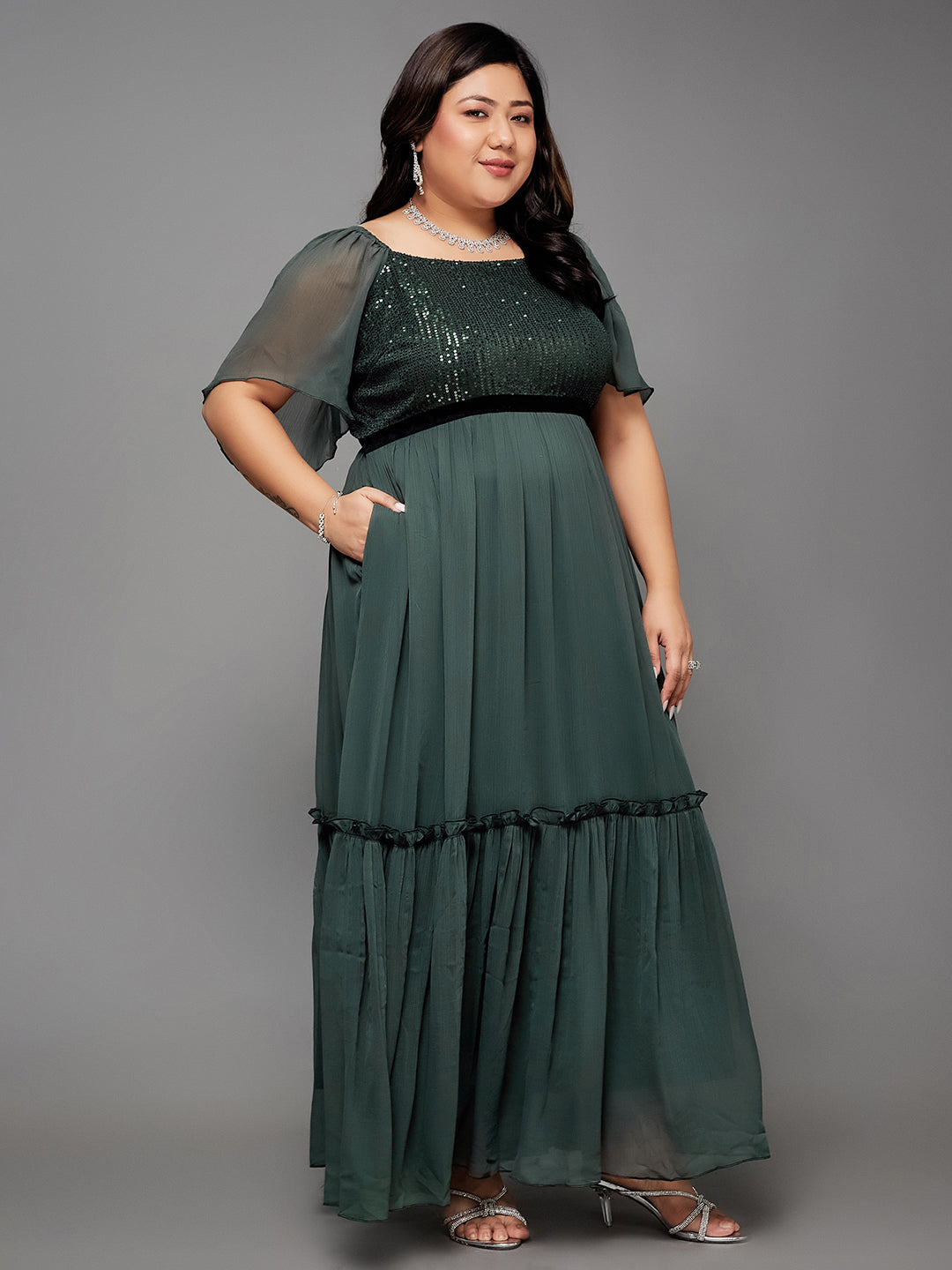 Body Bliss Dark Green Embellished Chiffon Tiered Longline Dress
