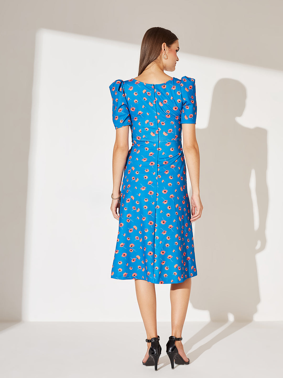 Blue V-Neck Pleated Puff Sleeve Floral Patterned Wrap Midi Polyester Dress for Women