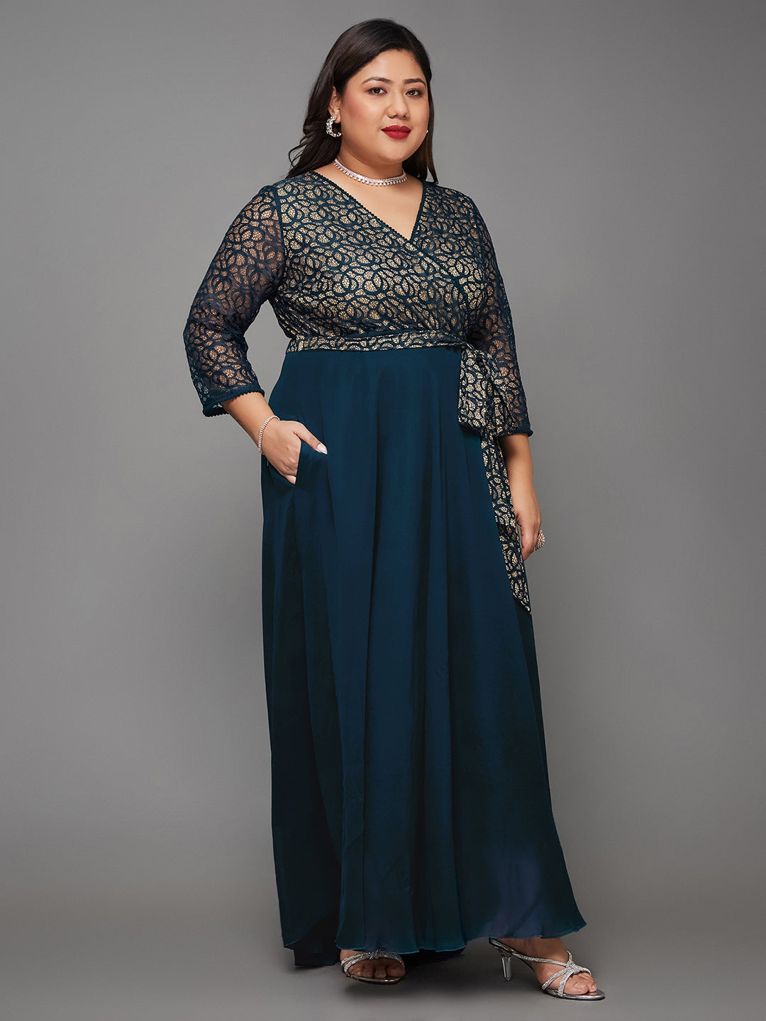 Teal Long Sleeves Fit and Flare Wrap Maxi Dress with Lace Belt for Women | Mehendi to Sangeet Collection