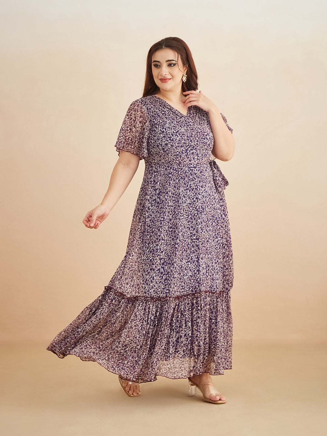 Multicolored-Base-Purple V Neck Flared Sleeve Floral Wrap Chiffon Maxi Dress for Women — Miss Chase A+