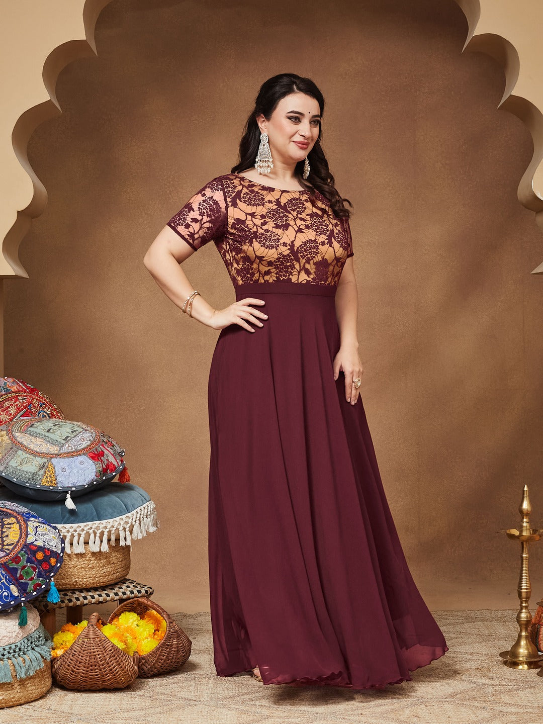 Wine & Beige Relaxed Fit Regular Georgette Dress for Women