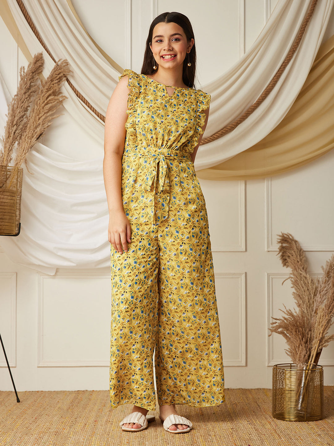 Multicolored-Base-Yellow Round neck Sleeveless Floral Wide Leg Regular Jumpsuit