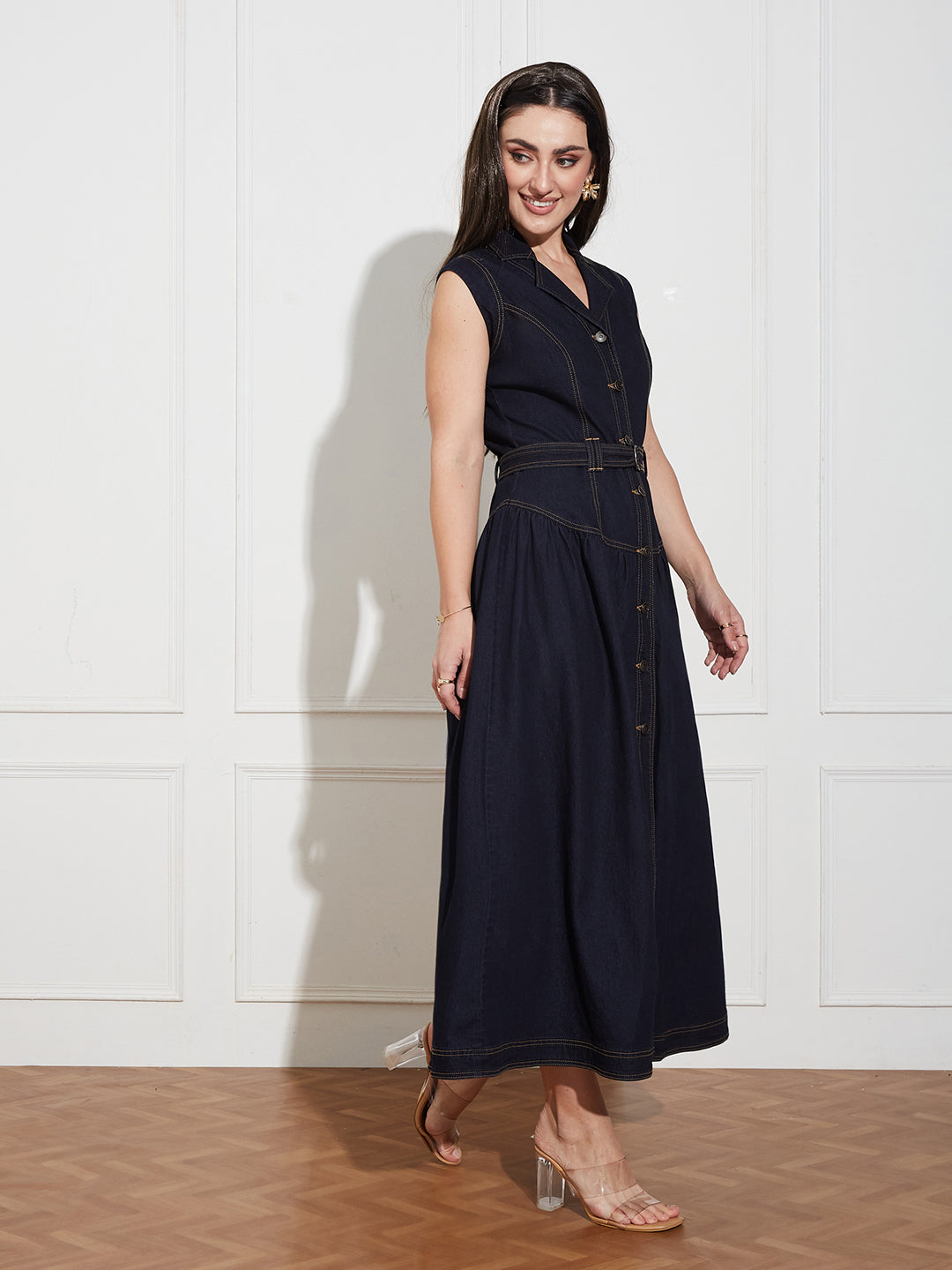 Women's Dark Blue Notched-Collar Sleeveless Solid Drop Waist Maxi-Length Light Weight Denim Shirt Dress