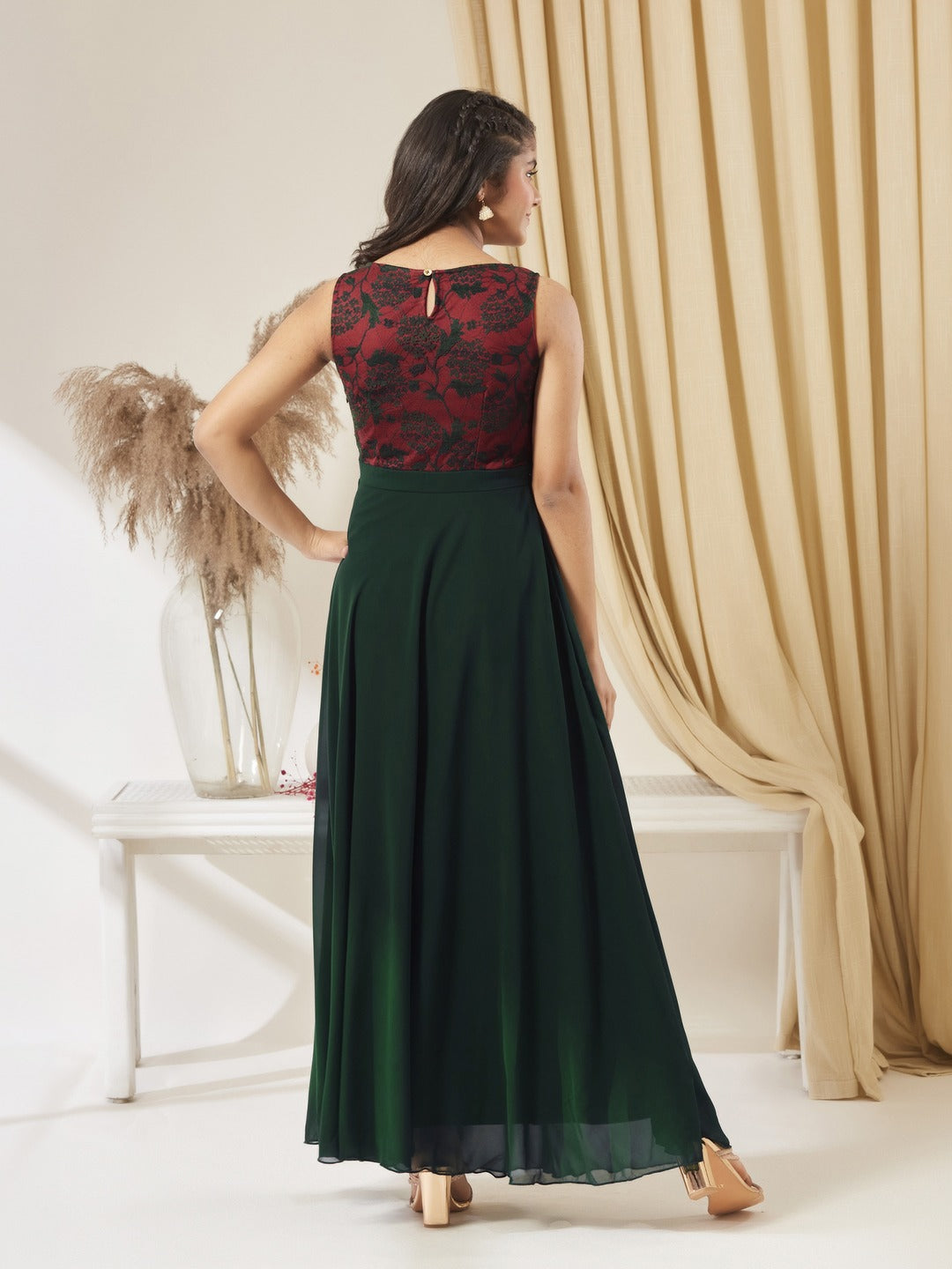 Dark Green Round Neck Sleeveless Georgette Floral Lace Fit & Flare Maxi Dress for Girls/Teenagers
