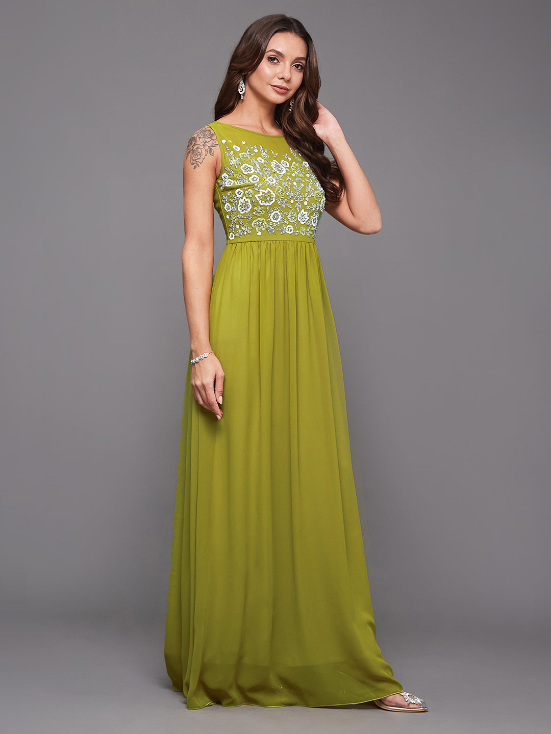 Women's Lemon Green Boat Neck Sleeveless Embroidered Georgette Gathered Maxi Dress
