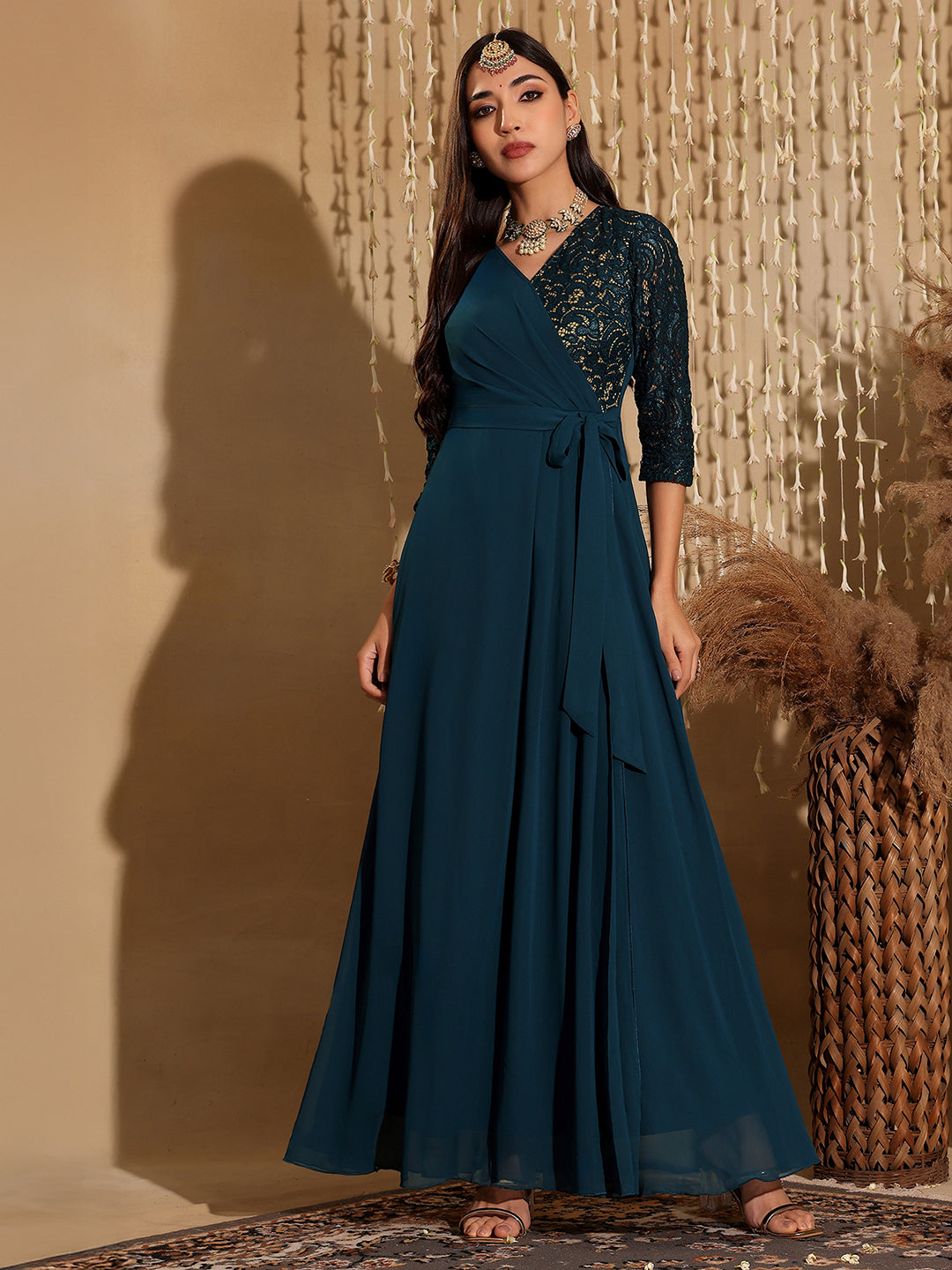 Women's Teal V-Neck 3/4 Sleeve Self-Designed Wrap-Styled Georgette Maxi Dress