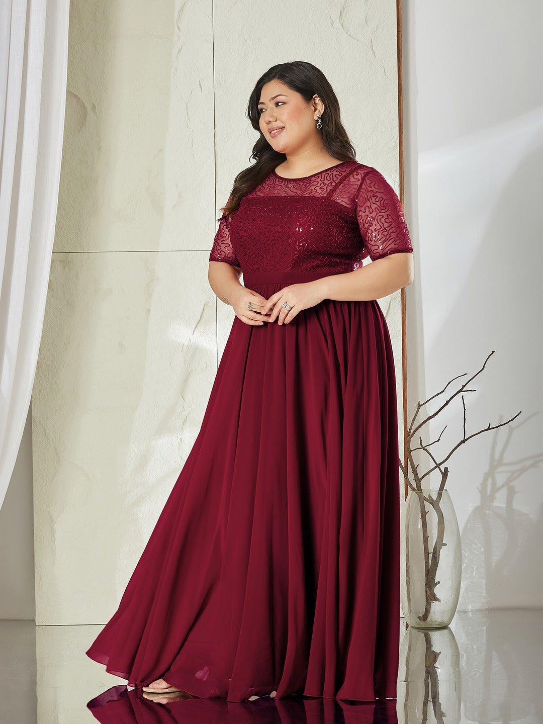 Maaroon Relaxed Fit Maxi Georgette & Sequins Dress for Women