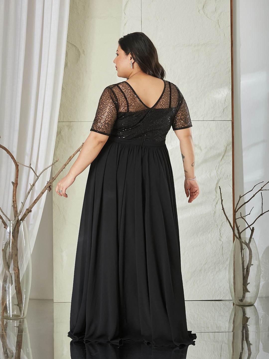 Black Relaxed Fit Maxi Georgette & Sequins Dress for Women