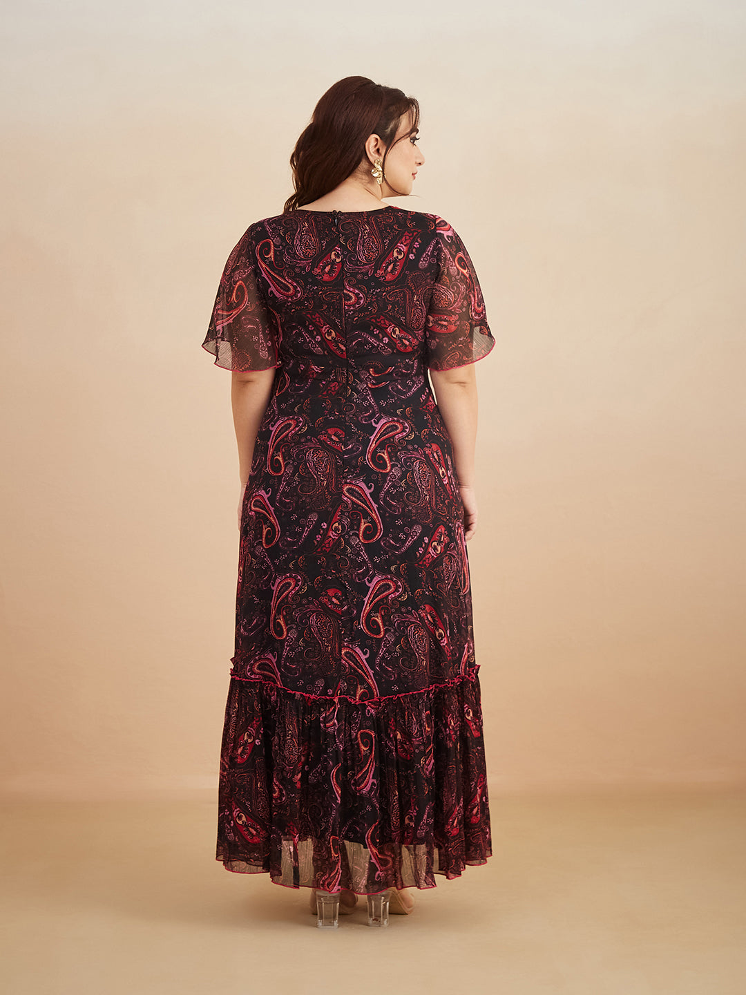 Black Bohemian V-Neck Flutter Sleeve Chiffon Relaxed Fit Wrap Maxi Dress for Women