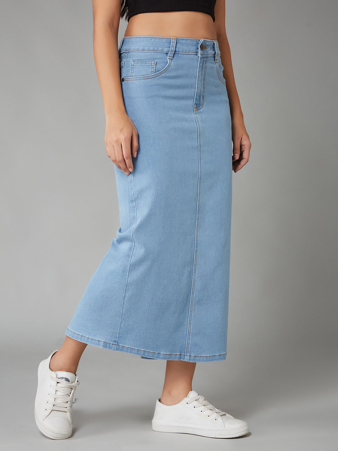 Women's Light Blue Straight High-Rise Clean-Look Midi Stretchable Denim Denim Skirt