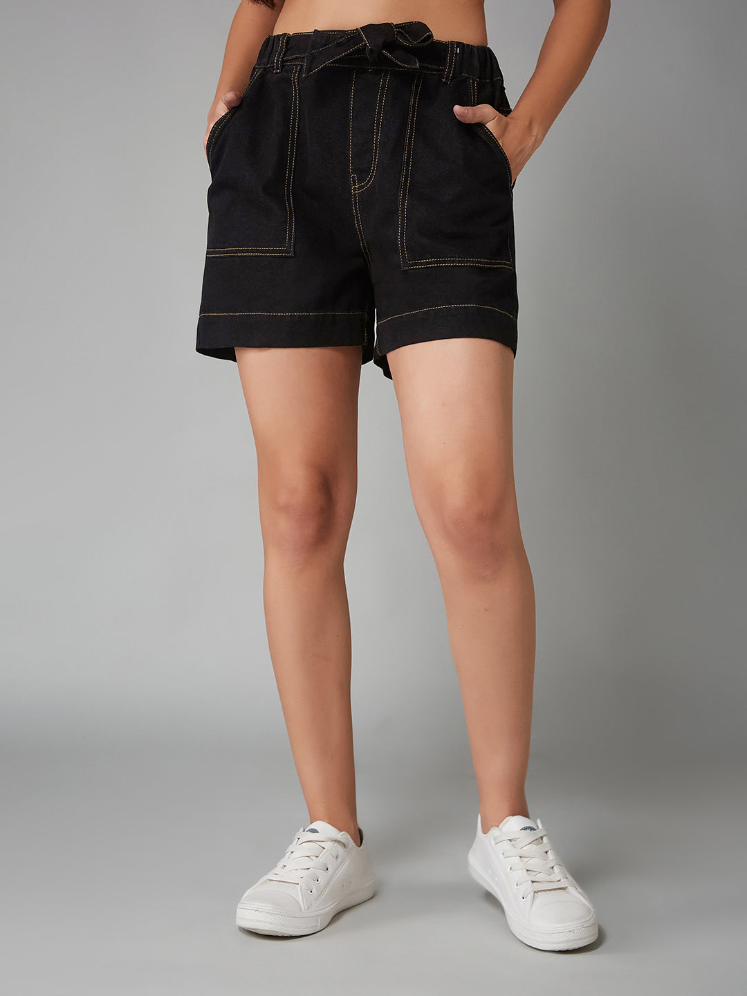 Women's Black High-Rise Relaxed Fit Denim Shorts with Tie-Up Belt & Patch Pockets