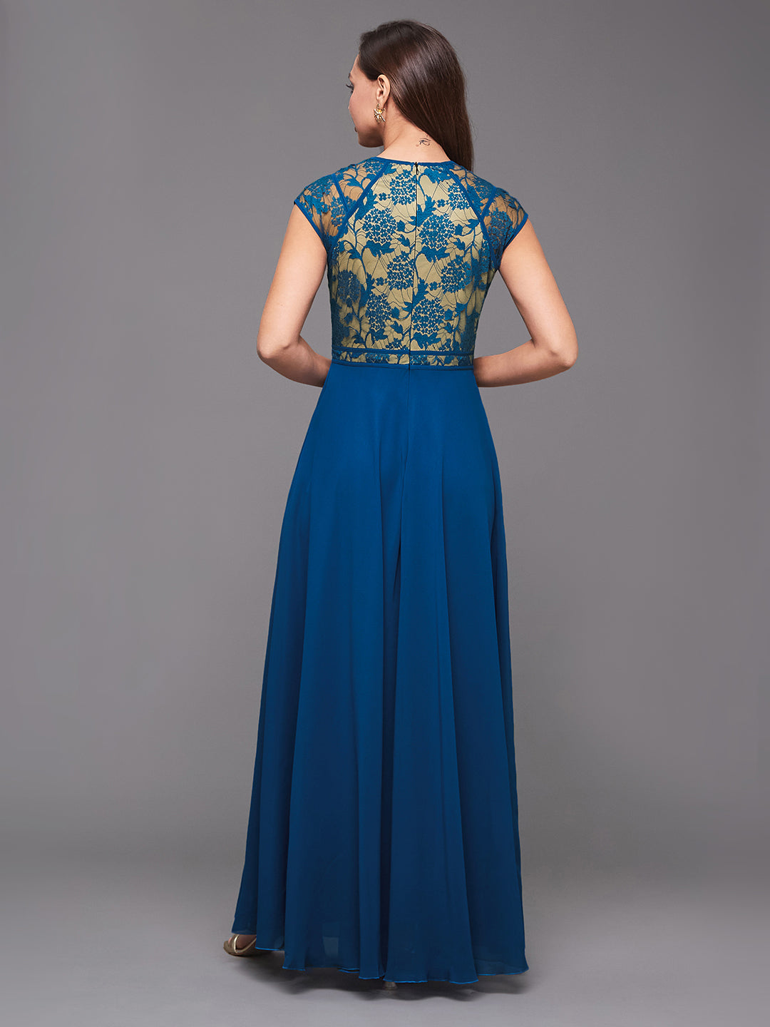 Royal Blue Floral Cap Sleeves Fit and Flare Lace Maxi Dress Long Dress Frock for Women