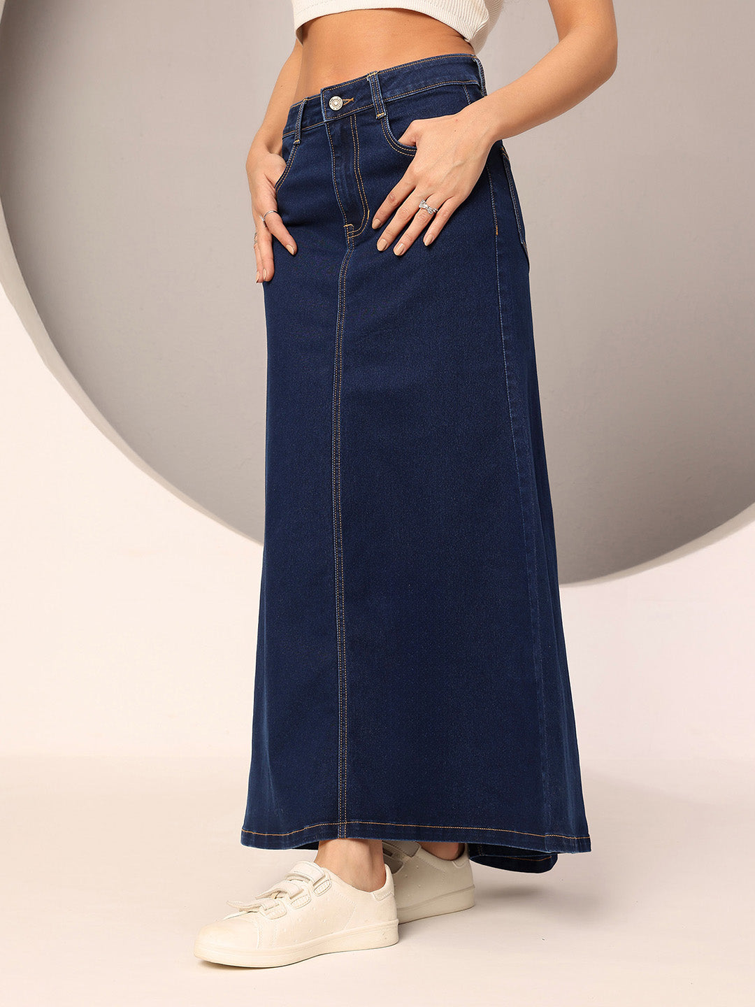 Women's Dark Blue Flared High-Rise Clean-Look Stretchable Denim Maxi Skirt