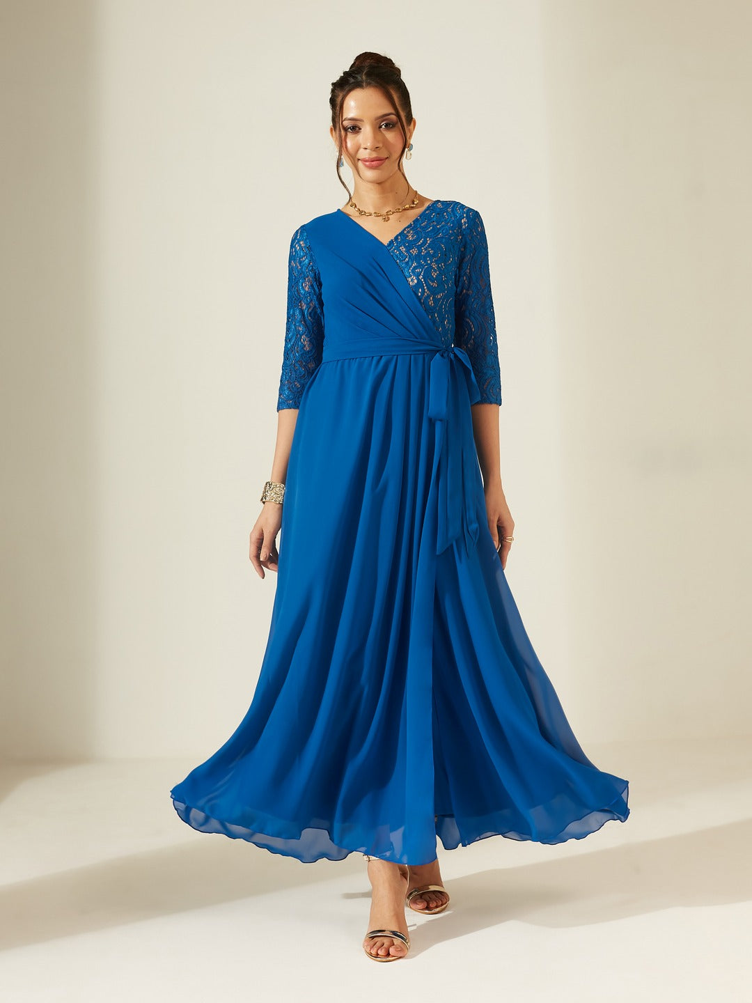 Royal Blue V-Neck 3/4 Sleeve Self-Designed Wrap-Styled Georgette Maxi Dress for Women