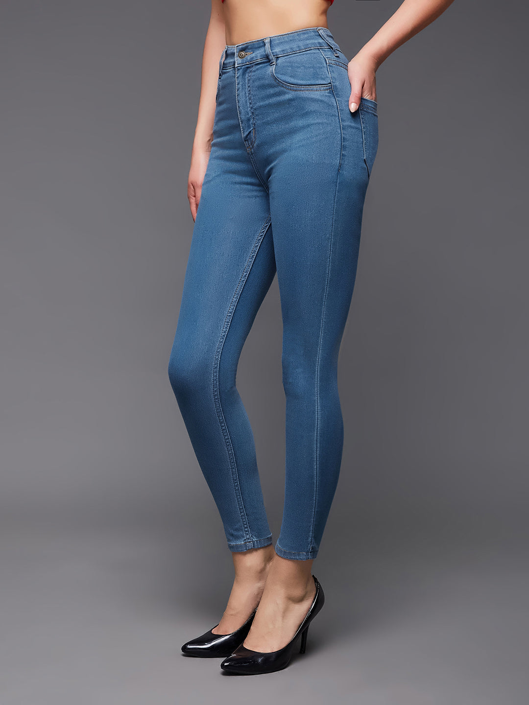 Women's Blue Solid Skinny High-Rise Cropped Solid Stretchable Denim Jeans