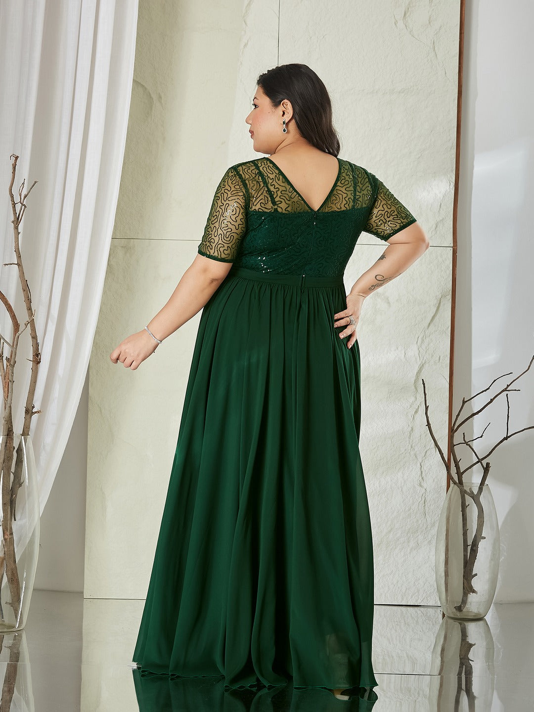 Dark Green Relaxed Fit Maxi Georgette & Sequins Dress for Women