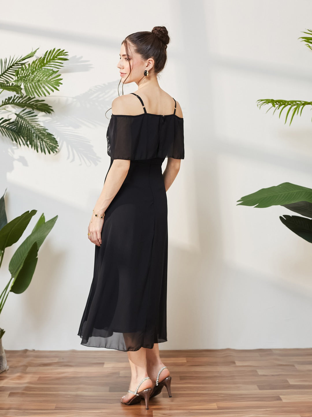 Black Bardot Style Sleeveless Spaghetti Strap Solid Off Shoulder Midi Skater Dress for Women