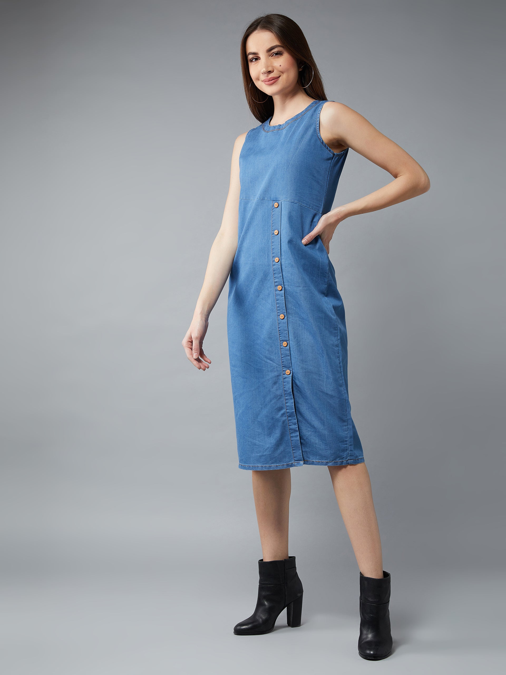Women's Blue Round Neck Sleeveless Cotton Solid Front Slit Buttoned Cut-Out Midi Denim Dress
